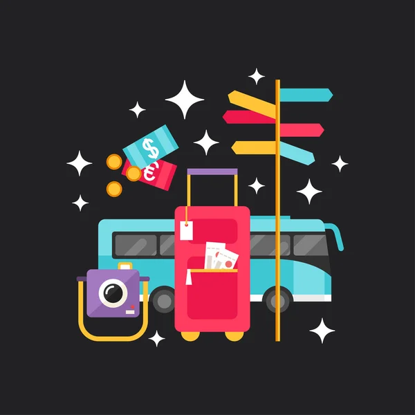 Tourism concept. Platte stijl vector illustratie. Verkeersbord, bus, Bagage, camera, geld — Stockvector