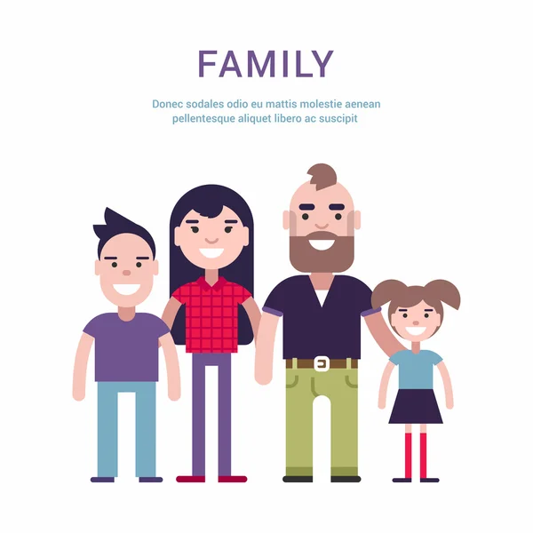 Family Concept Flat Style Vector Illustration. Padre, Madre, Figlio e Daugther — Vettoriale Stock