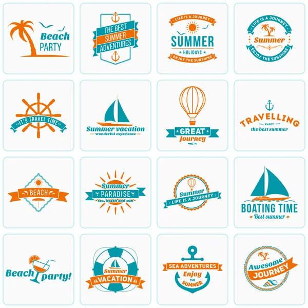 Set di elementi di design per le vacanze estive. Logotipi e distintivi vintage hipster. Vacanza al mare, Festa, Viaggio — Vettoriale Stock