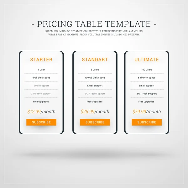 Modelo de design para tabela de preços para sites e aplicativos. UI de estilo plano. Ilustração vetorial — Vetor de Stock