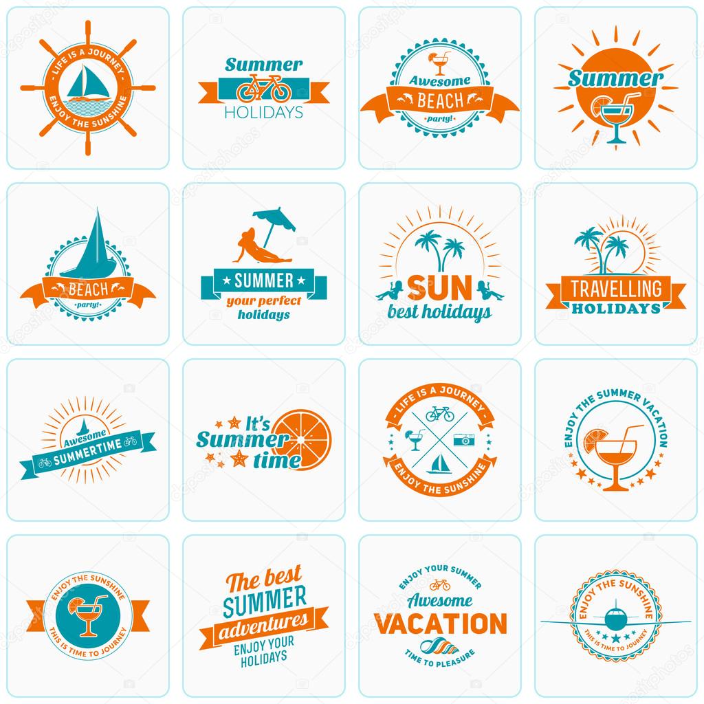 Set of Summer Holidays Design Elements. Hipster Vintage Logotypes and Badges. Beach Vacation, Party, Journey