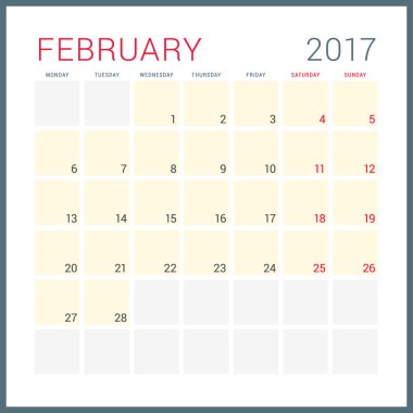 2017 Yılının Takvim Planlayıcısı. Vektör Düz Tasarım Şablonu. Şubat. Hafta Pazartesi başlıyor. Kırtasiye Tasarımı