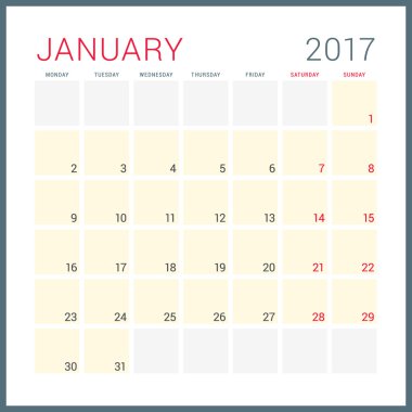2017 Yılının Takvim Planlayıcısı. Vektör Düz Tasarım Şablonu. Ocak. Hafta Pazartesi başlıyor. Kırtasiye Tasarımı