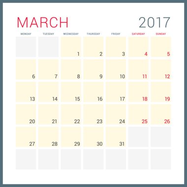 2017 Yılının Takvim Planlayıcısı. Vektör Düz Tasarım Şablonu. Marş. Hafta Pazartesi başlıyor. Kırtasiye Tasarımı