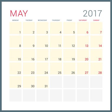 2017 Yılının Takvim Planlayıcısı. Vektör Düz Tasarım Şablonu. Mayıs. Hafta Pazartesi başlıyor. Kırtasiye Tasarımı