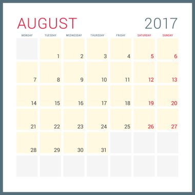 2017 Yılının Takvim Planlayıcısı. Vektör Düz Tasarım Şablonu. Ağustos. Hafta Pazartesi başlıyor. Kırtasiye Tasarımı