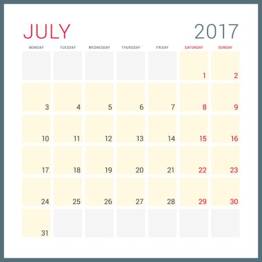 2017 Yılının Takvim Planlayıcısı. Vektör Düz Tasarım Şablonu. Temmuz. Hafta Pazartesi başlıyor. Kırtasiye Tasarımı