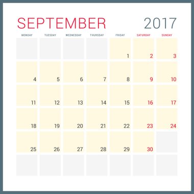 2017 Yılının Takvim Planlayıcısı. Vektör Düz Tasarım Şablonu. Eylül. Hafta Pazartesi başlıyor. Kırtasiye Tasarımı