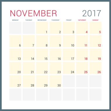 2017 Yılının Takvim Planlayıcısı. Vektör Düz Tasarım Şablonu. Kasım. Hafta Pazartesi başlıyor. Kırtasiye Tasarımı