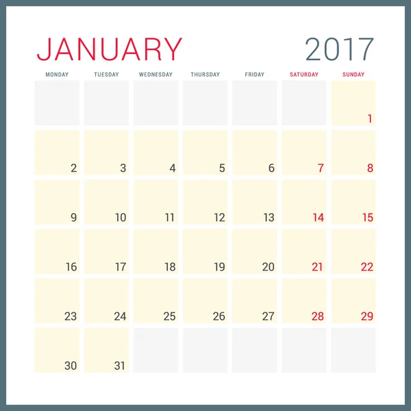 Kalenderplaner für 2017 Jahr. Vector Flat Design Vorlage. Januar. Die Woche beginnt am Montag. Schreibwarendesign — Stockvektor