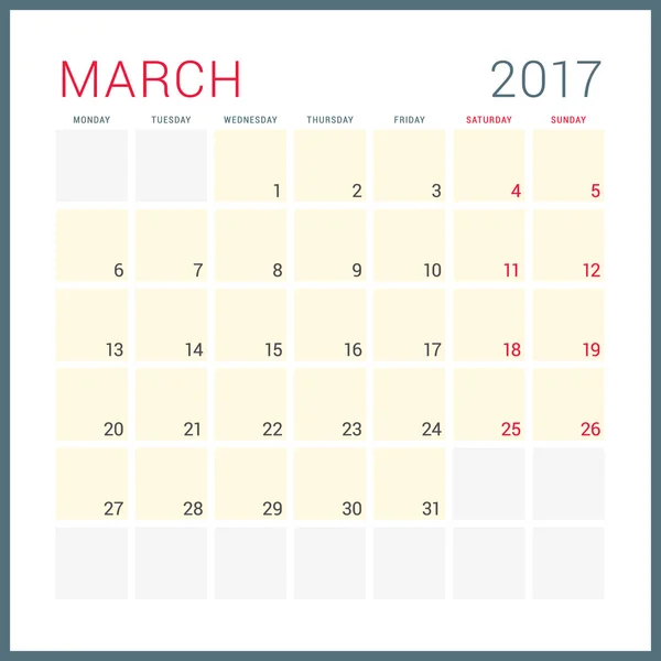 Planificador de Calendario 2017 Año. Plantilla de diseño plano vectorial. Marzo. La semana empieza el lunes. Diseño de papelería — Archivo Imágenes Vectoriales