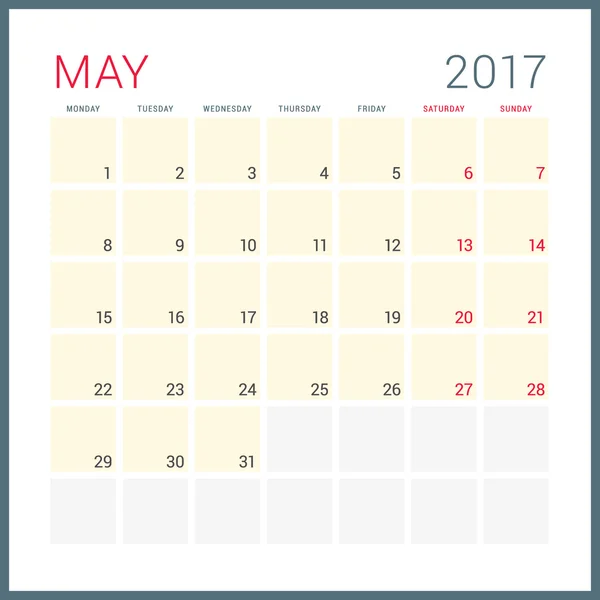 Agenda Planificateur 2017 Année. Modèle de conception plat vectoriel. Mai. La semaine commence lundi. Conception de papeterie — Image vectorielle