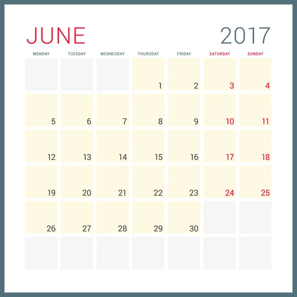 Planificador de Calendario 2017 Año. Plantilla de diseño plano vectorial. Junio. La semana empieza el lunes. Diseño de papelería — Archivo Imágenes Vectoriales