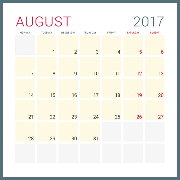 Kalenderplaner für 2017 Jahr. Vector Flat Design Vorlage. August. Die Woche beginnt am Montag. Schreibwarendesign — Stockvektor