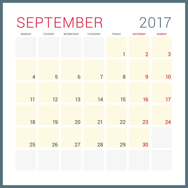 Calendar Planner for 2017 Year. Vector Flat Design Template. September. Week Starts Monday. Stationery Design — Stock Vector