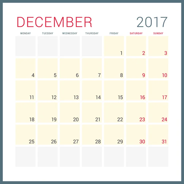 Calendar Planner for 2017 Year. Vector Flat Design Template. December. Week Starts Monday. Stationery Design — Stock Vector