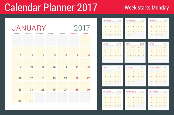 Kalenderplaner für 2017 Jahr. Vector Flat Design Vorlage. 12 Monate. Die Woche beginnt am Montag. Schreibwarendesign — Stockvektor