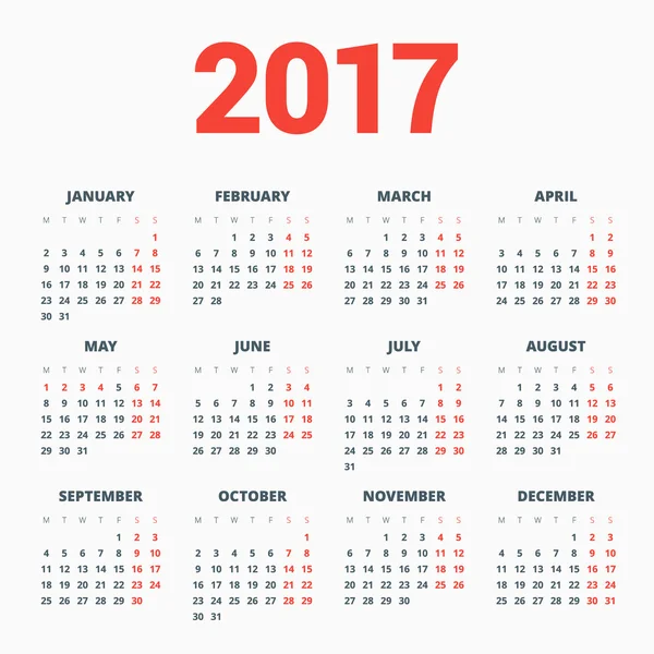 Calendar for 2017 Year on White Background. Week Starts Monday. Simple Vector Template. Stationery Design Template — Stock Vector