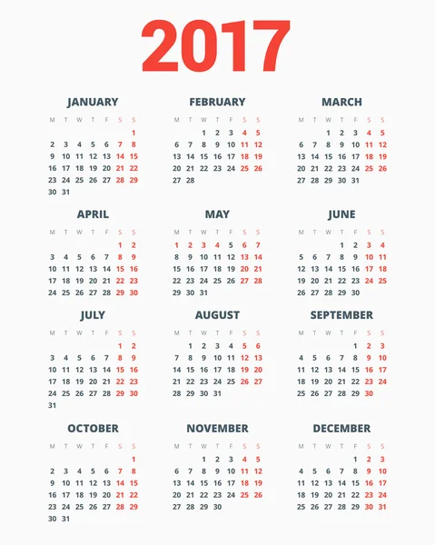 Kalendarz na rok 2017 na białym tle. Tydzień zaczyna się od poniedziałku. Wektor prostego szablonu. Papeterie szablon projektu — Wektor stockowy