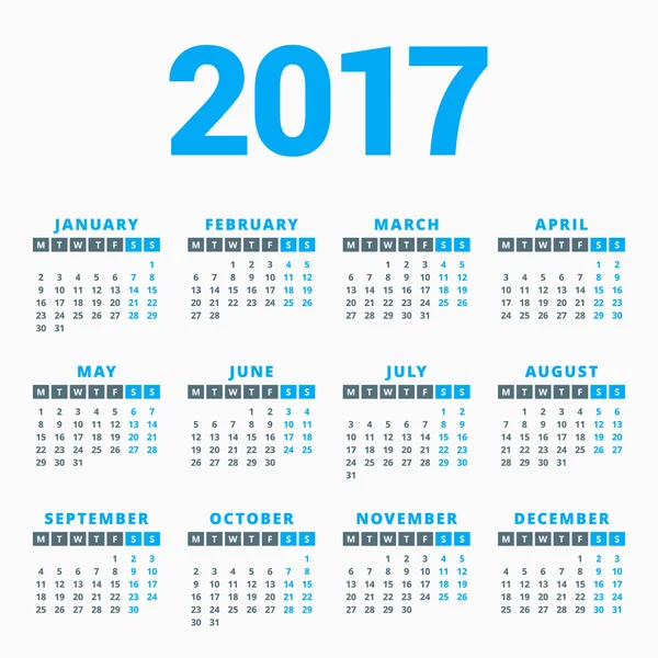 Календарь на 2017 год на белом фоне. Начинается в понедельник. Простой векторный шаблон. Шаблон дизайна канцтоваров — стоковый вектор