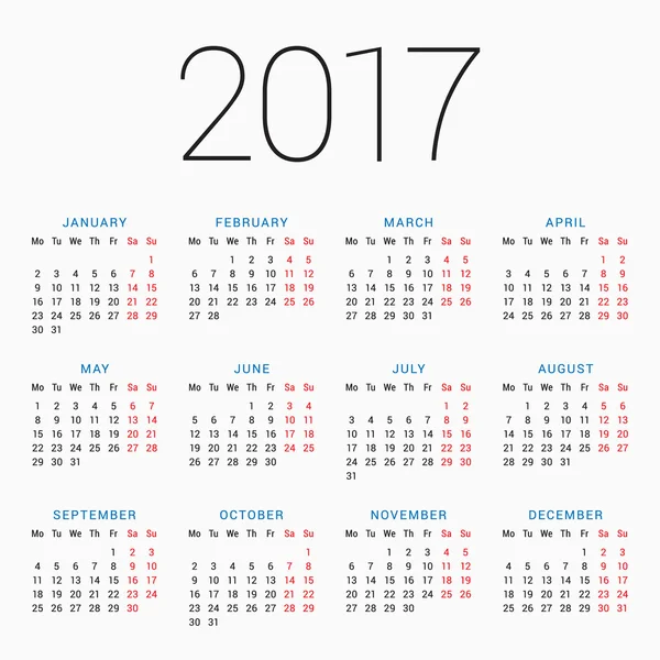 Calendario 2017 Anno su sfondo bianco. La settimana inizia lunedì. Modello vettoriale semplice. Modello di progettazione di articoli di cancelleria — Vettoriale Stock