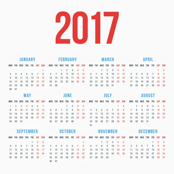 Calendário para 2017 Ano no fundo branco. A semana começa segunda-feira. Modelo de Vetor Simples. Modelo de Design de Papelaria — Vetor de Stock