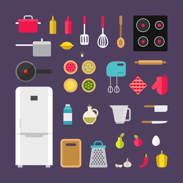 Conjunto de iconos vectoriales e ilustraciones en estilo plano. Electrodomésticos y Comida. Concepto de cocina. Equipo de cocina — Vector de stock