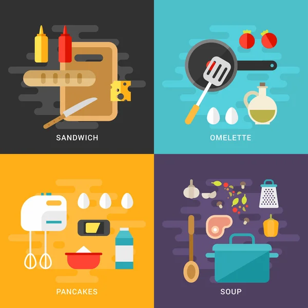 Ensemble d'illustrations vectorielles de style plat. Concept de cuisine. Ingridients et appareils de cuisine. Sandwich, Omelette, Crêpes, Soupe . — Image vectorielle