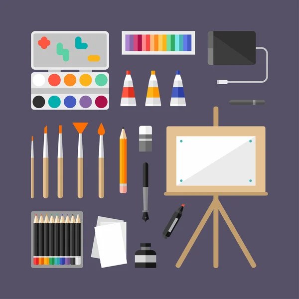 Set de Suministros de Arte, Instrumentos de Arte para Pintura, Dibujo, Boceto. Diseño plano Vector Ilustración — Archivo Imágenes Vectoriales