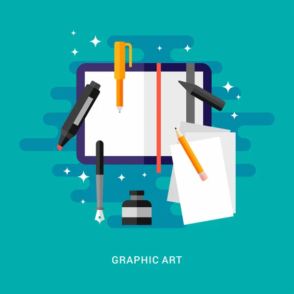 Blank Sketchbook with Pencil, Pen and Marker. Graphic Art Conceptual Illustration. Flat Style Vector Illustration — Stock Vector