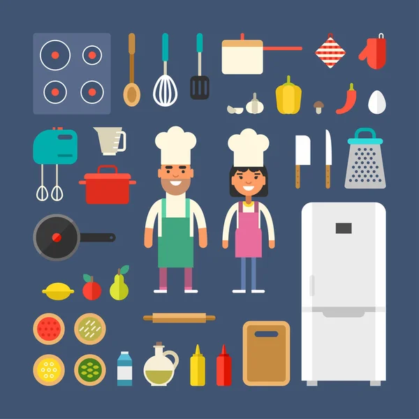 Συσκευές κουζίνας και φαγητό. Αρσενικό και θηλυκό καρτούν επικεφαλής. Ιδέα μαγειρικής. Σύνολο διανυσματικών εικονιδίων και απεικονίσεων σε επίπεδη τεχνοτροπία — Διανυσματικό Αρχείο