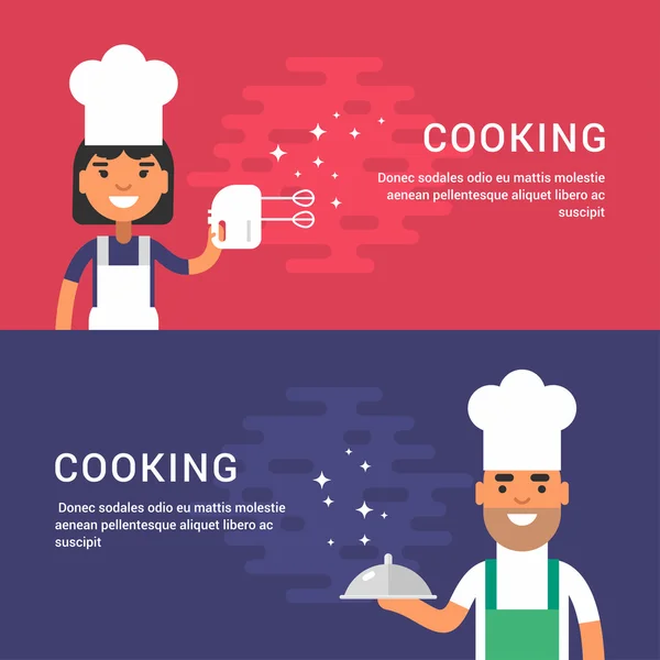 Concetto di cucina. Set di illustrazioni vettoriali in stile piatto per banner web o materiale promozionale. Cartone animato maschile e femminile Charact — Vettoriale Stock