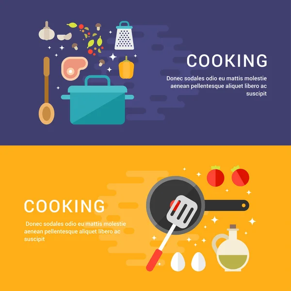 Concept de cuisine. Ensemble d'illustrations vectorielles de style plat pour bannières Web ou matériel promotionnel. Ingridients et appareils de cuisine. Omelette et soupe — Image vectorielle