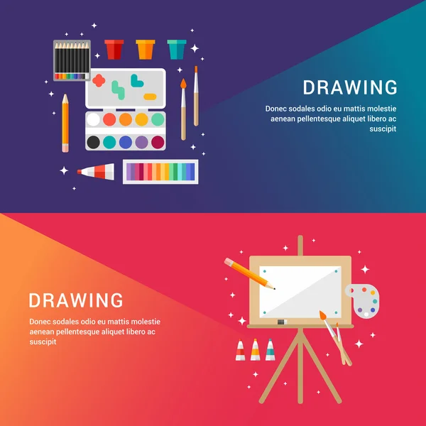 Drawing Concept. Set of Flat Style Vector Illustrations for Web Banners or Promotional Materials. Paint with Colour Pencils and Pastels. Wooden Easel with Canvas — Διανυσματικό Αρχείο