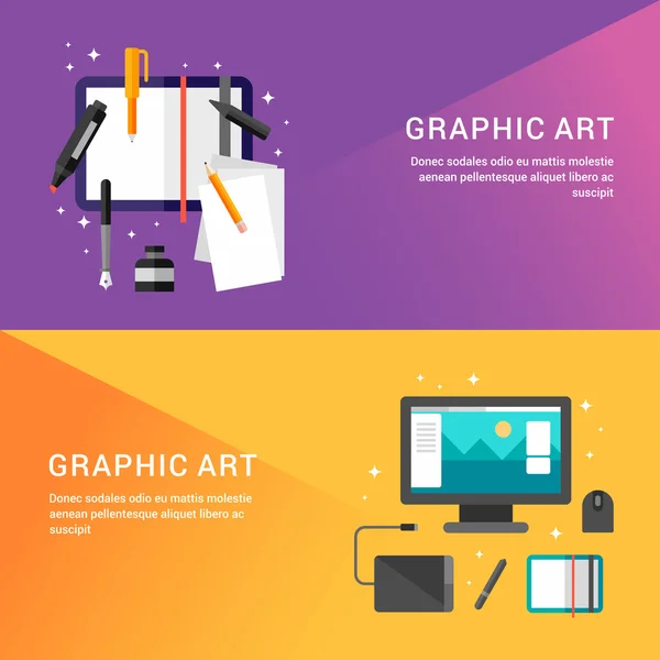 Grafisk kunst koncept. Sæt flade stil vektor illustrationer til web bannere eller salgsfremmende materialer. Sketchbook med blyanter. Grafisk designer på arbejdspladsen – Stock-vektor