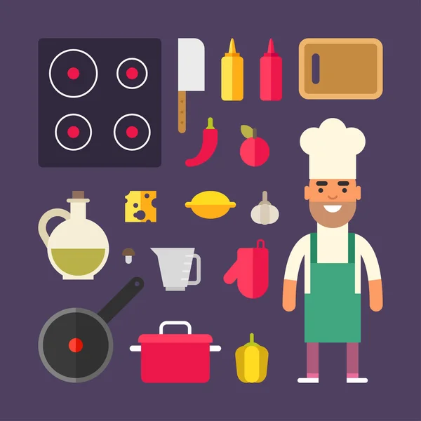 Eletrodomésticos de cozinha e comida. Chefe de Personagem dos Desenhos animados. Conceito de cozinha. Conjunto de ícones e ilustrações vetoriais em estilo plano —  Vetores de Stock