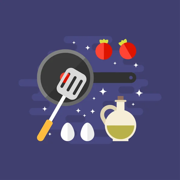 Cooking Concept. Ingredients for Omelette with Frying Pan. Flat Style Vector Illustration — Wektor stockowy