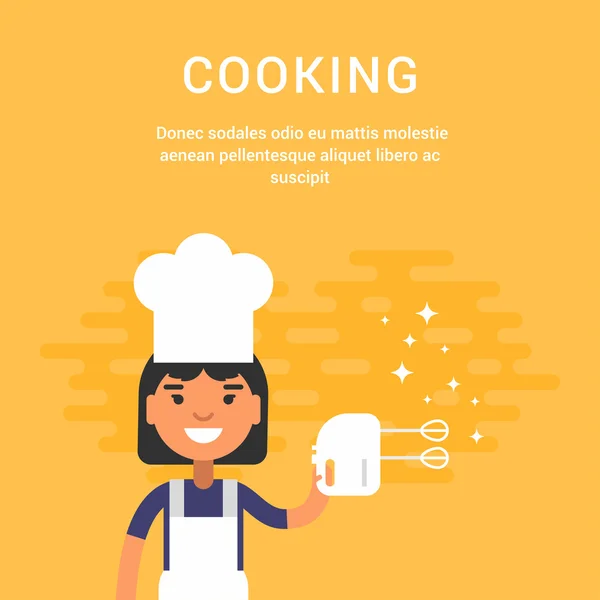 Female Cartoon Character Chief with Mixer. Cooking Concept. People Profession Concept. Vector Illustration in Flat Style — ストックベクタ