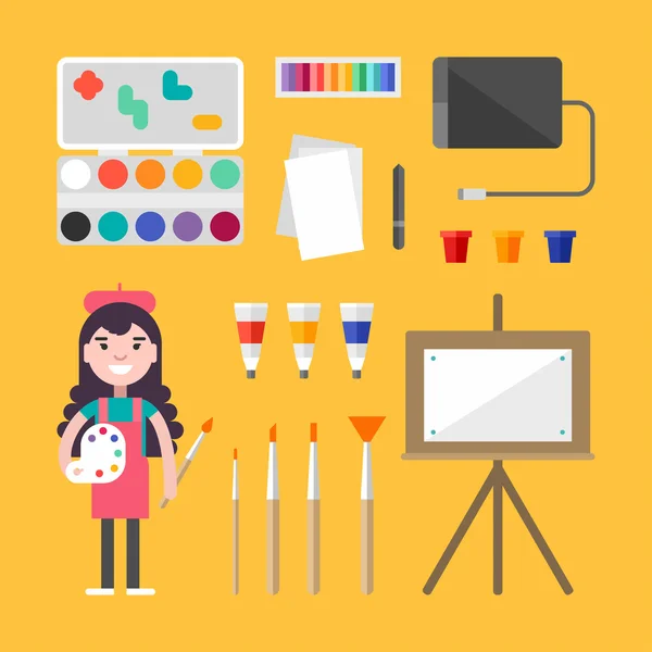 Painting Tools and Appliances. Female Cartoon Character Painter. People Profession and Hobbie. Set of Vector Illustrations in Flat Style — Stock Vector