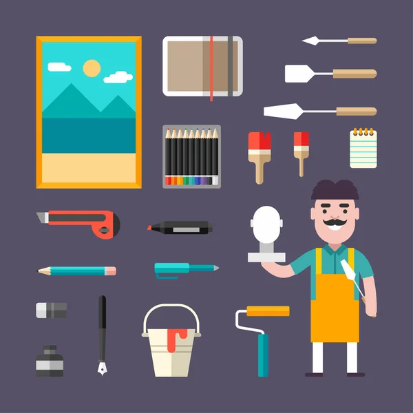 Painting Tools and Appliances. Male Cartoon Character Painter. People Profession and Hobbie. Set of Vector Illustrations in Flat Style — Stock Vector