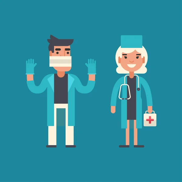 Medicine Concept. Doctor, Surgeon, Emergency Physician. Male and Female Cartoon Characters. Flat Design Vector Illustration — 图库矢量图片