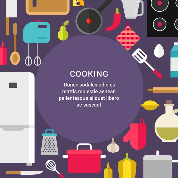 Concepto de cocina. Ilustración de vectores de estilo plano con lugar para texto. Electrodomésticos de cocina y alimentos — Archivo Imágenes Vectoriales