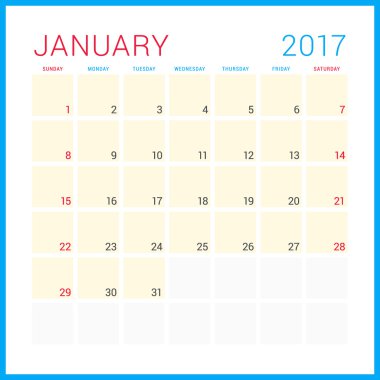 2017 Yılının Takvim Planlayıcısı. Vektör Düz Tasarım Şablonu. Ocak. Hafta Pazar başlıyor. Kırtasiye Tasarımı