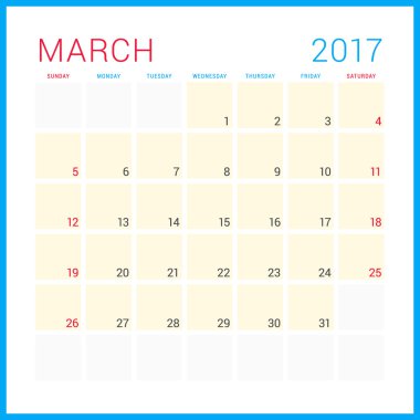 2017 Yılının Takvim Planlayıcısı. Vektör Düz Tasarım Şablonu. Marş. Hafta Pazar başlıyor. Kırtasiye Tasarımı