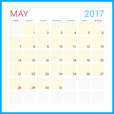 2017 Yılının Takvim Planlayıcısı. Vektör Düz Tasarım Şablonu. Mayıs. Hafta Pazar başlıyor. Kırtasiye Tasarımı