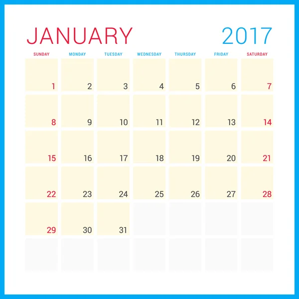 Pianificatore calendario per l'anno 2017. Modello di design piatto vettoriale. Gennaio. La settimana inizia domenica. Progettazione articoli di cancelleria — Vettoriale Stock