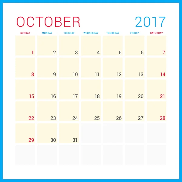 Kalenderplaner für 2017 Jahr. Vector Flat Design Vorlage. Oktober. Die Woche beginnt am Sonntag. Schreibwarendesign — Stockvektor