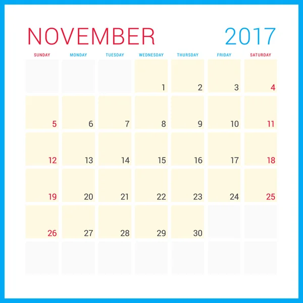 Planificador de Calendario 2017 Año. Plantilla de diseño plano vectorial. Noviembre. La semana empieza el domingo. Diseño de papelería — Vector de stock