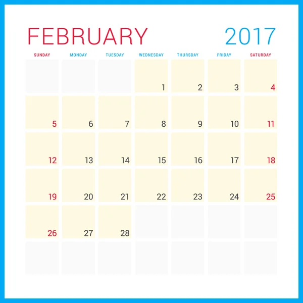 Planificador de Calendario 2017 Año. Plantilla de diseño plano vectorial. Febrero. La semana empieza el domingo. Diseño de papelería — Archivo Imágenes Vectoriales
