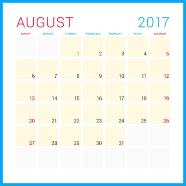2017 Yılının Takvim Planlayıcısı. Vektör Düz Tasarım Şablonu. Ağustos. Hafta Pazar başlıyor. Kırtasiye Tasarımı